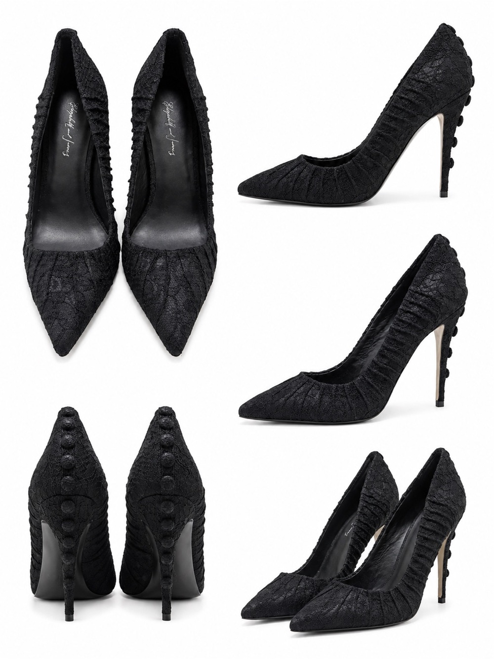 Elizabeth and James Black Lace Pointed-Toe Stiletto Pumps w Covered Heel Buttons